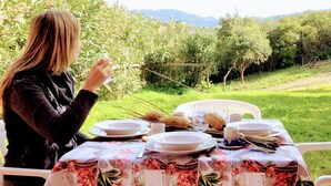 Mesa al aire libre con mantel floreado, rodeada de follaje y montañas al fondo.
