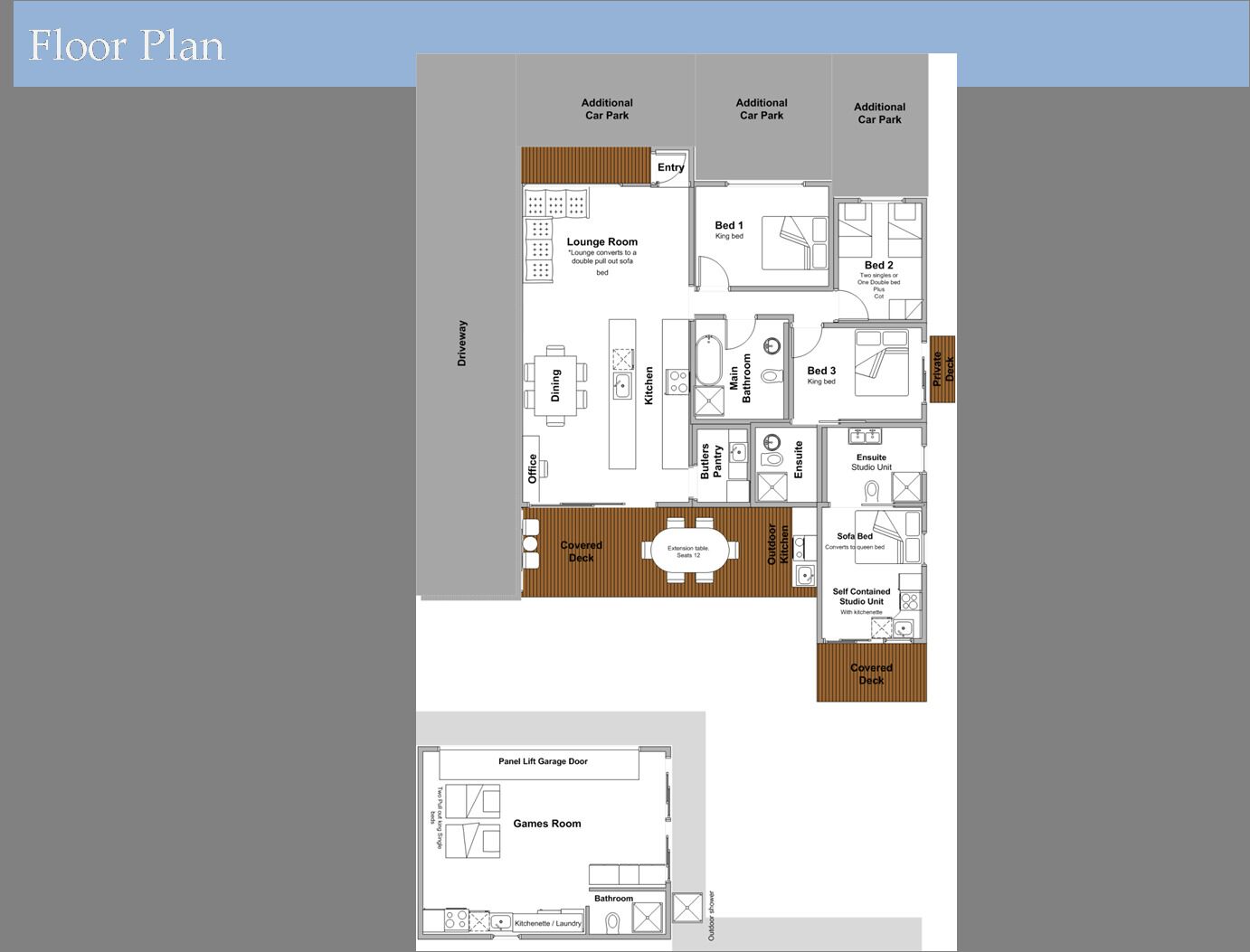 Plano de planta de un hotel con terraza cubierta, comedor, cocina, sala de estar, sala de juegos y varias habitaciones, incluyendo una suite privada.