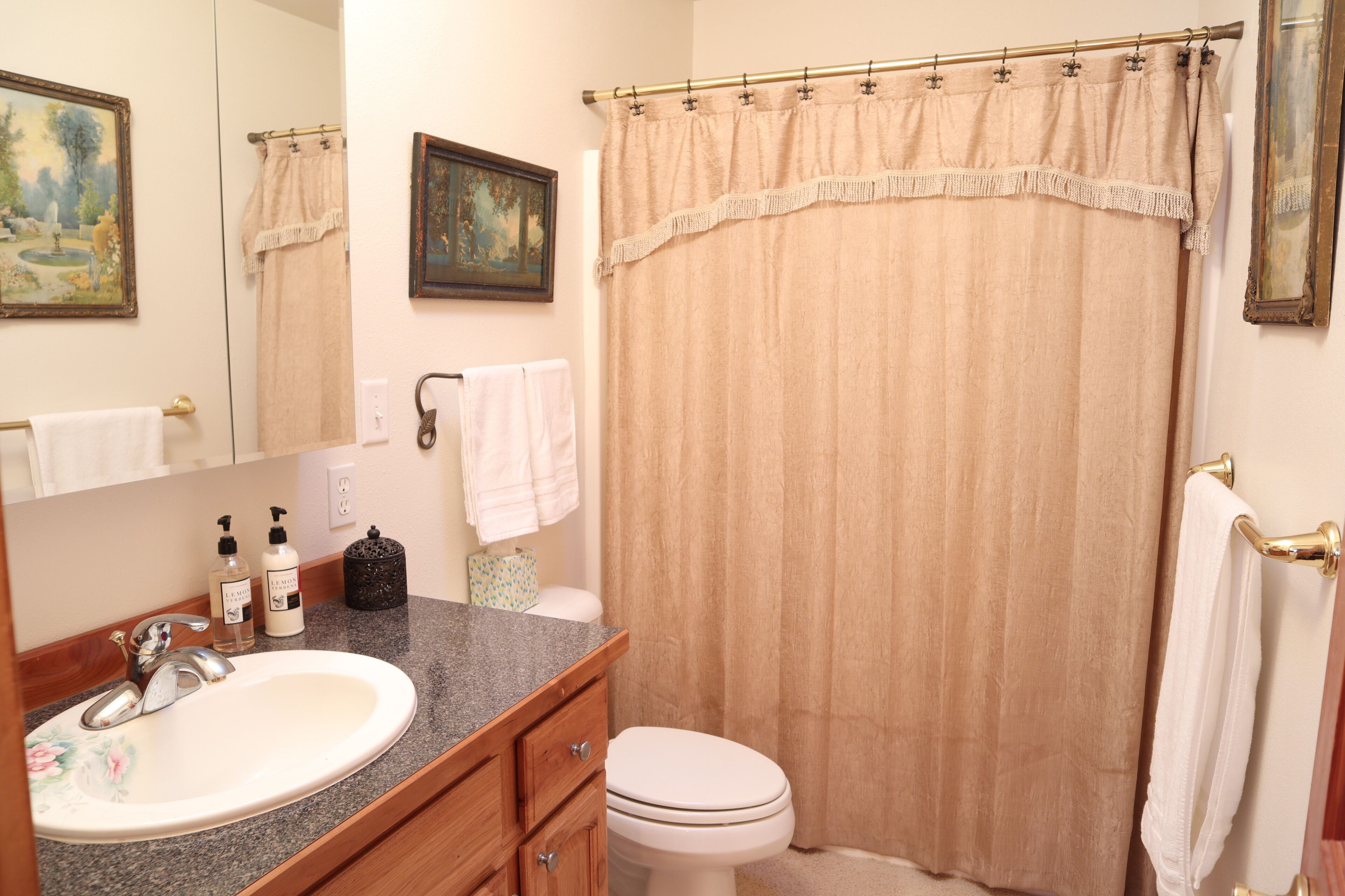 Une salle de bain équipée d’un lavabo, de toilettes et d’un rideau de douche.