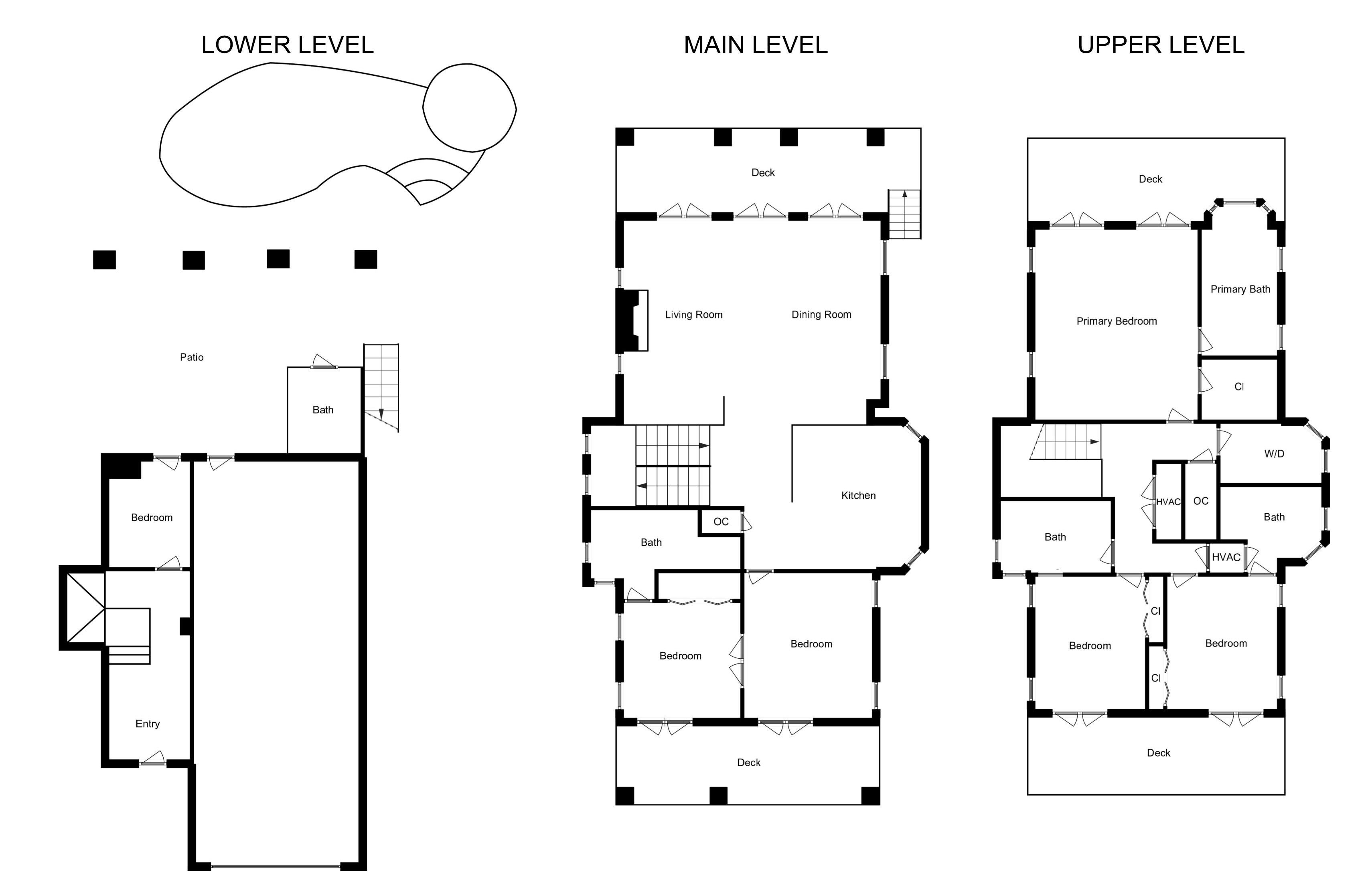 A floor plan with a patio, entry, living room, dining room, kitchen, and multiple bedrooms.
