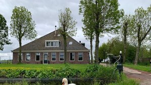 A swan with cygnets near a house and a canal. - Stay at our beautiful farmhouse, enjoy the authentic atmosphere (Monnickendam)