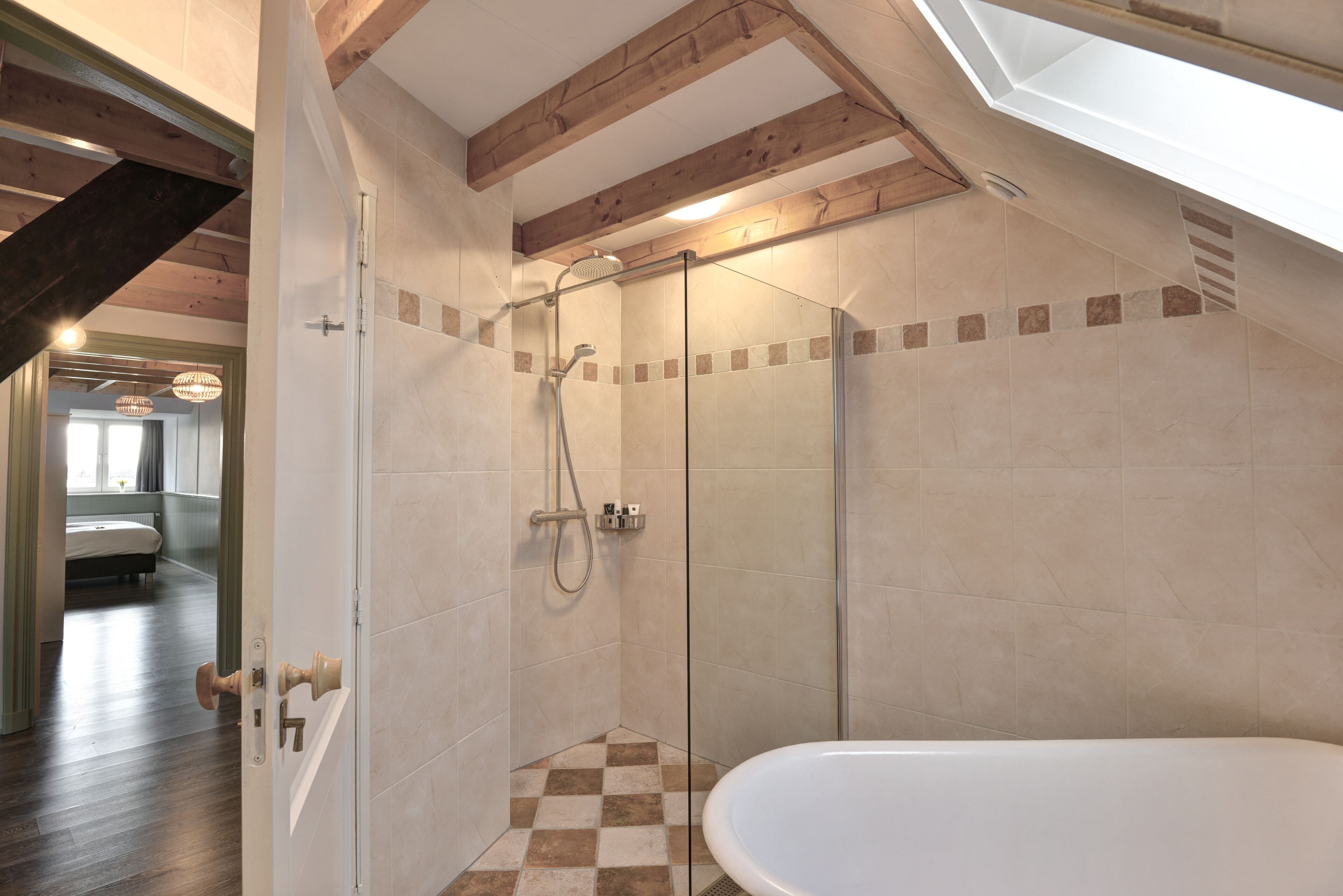 Bathtub, hair dryer, towels, soap