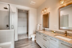 A modern bathroom with a shower, toilet, vanity with a sink, and a large mirror.