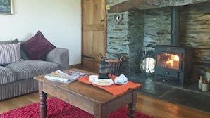 Un salon chaleureux avec une cheminée en pierre, un canapé avec des coussins, une table basse en bois sur laquelle repose un magazine, et un tapis rouge.