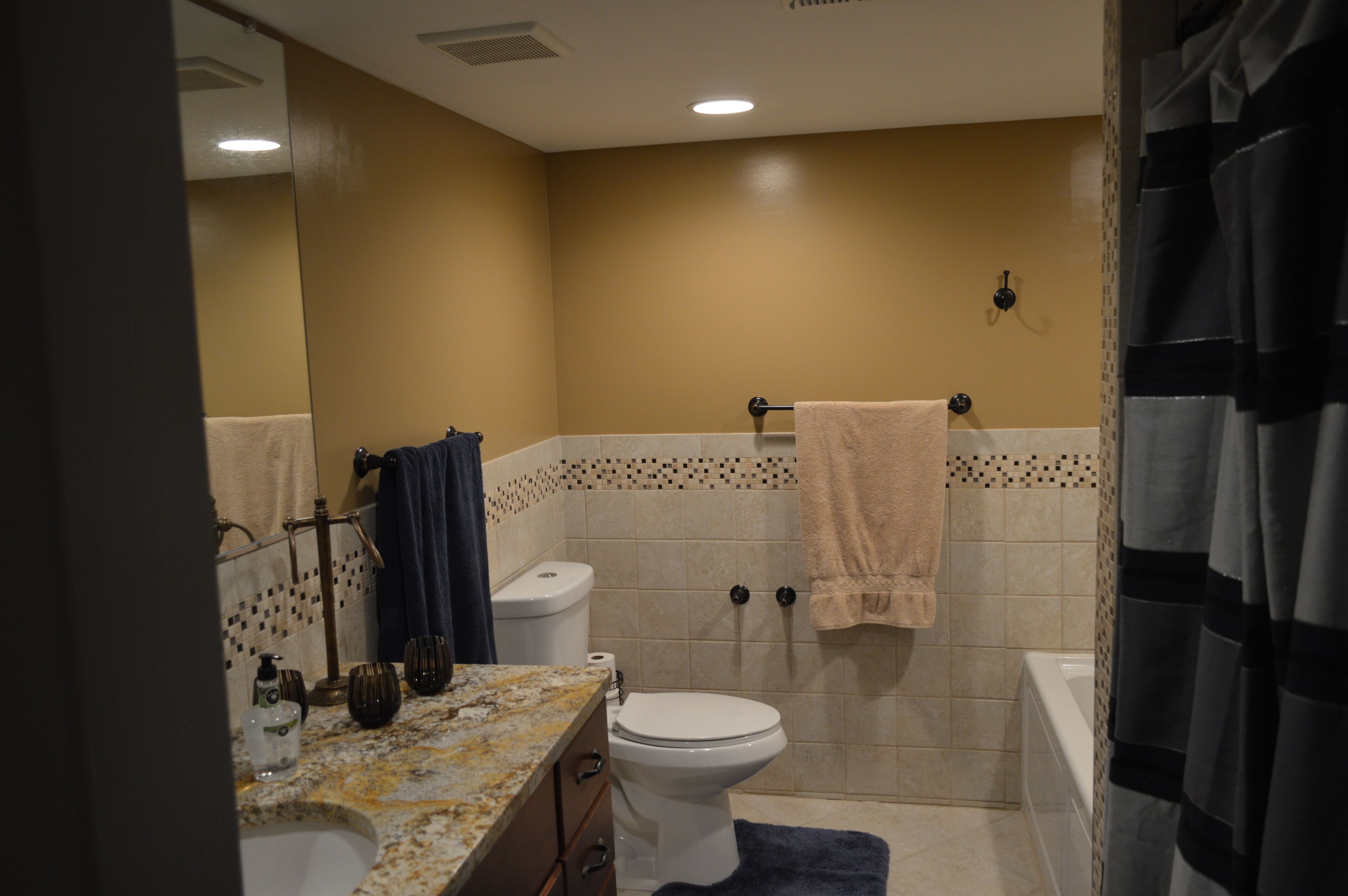 Une salle de bain avec des toilettes, un lavabo et une baignoire.