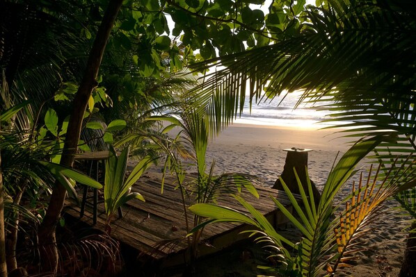 On the beach, sun-loungers, beach towels
