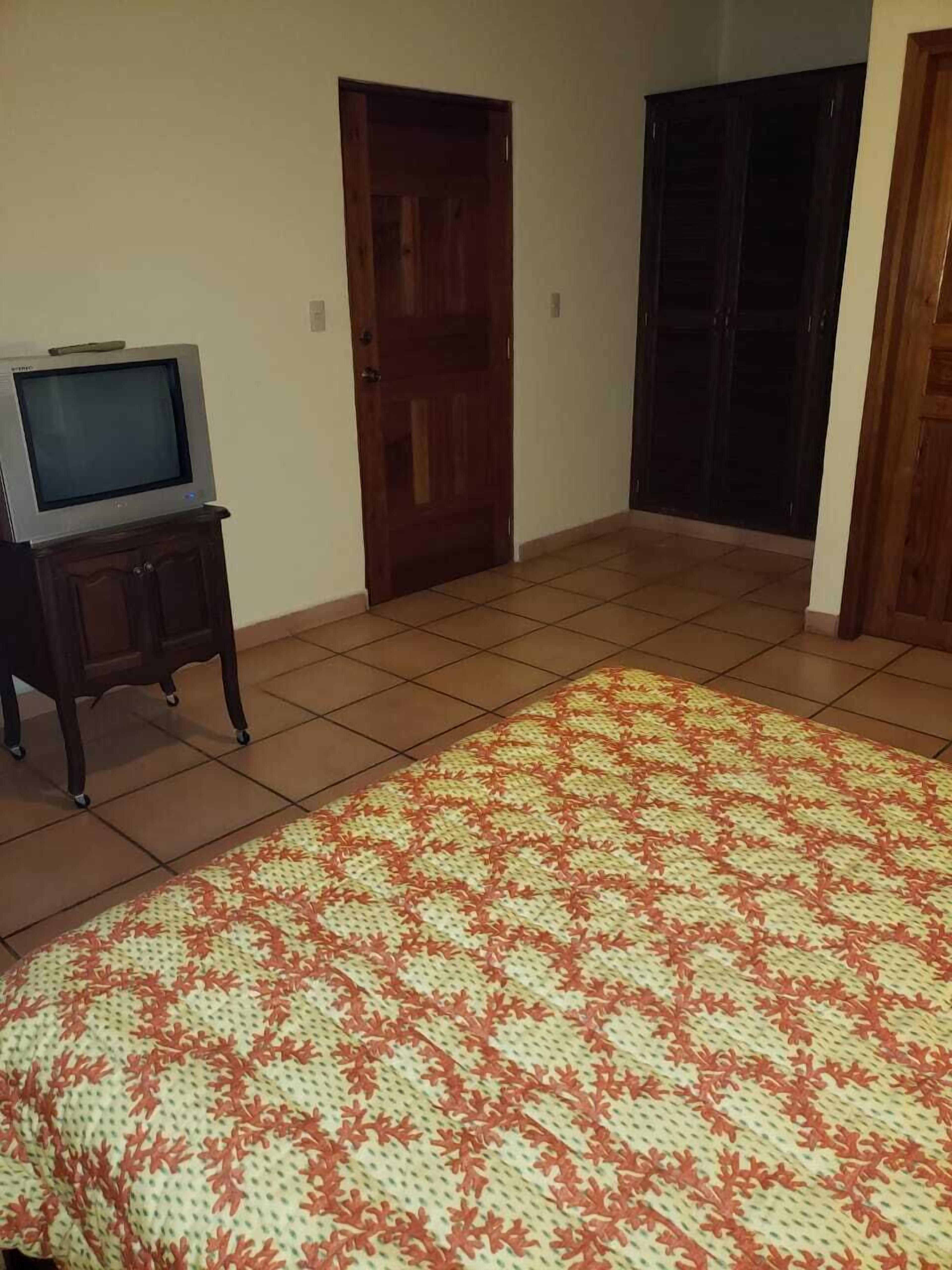 A room with a tiled floor, a wooden door, a television on a stand, and a patterned rug.
