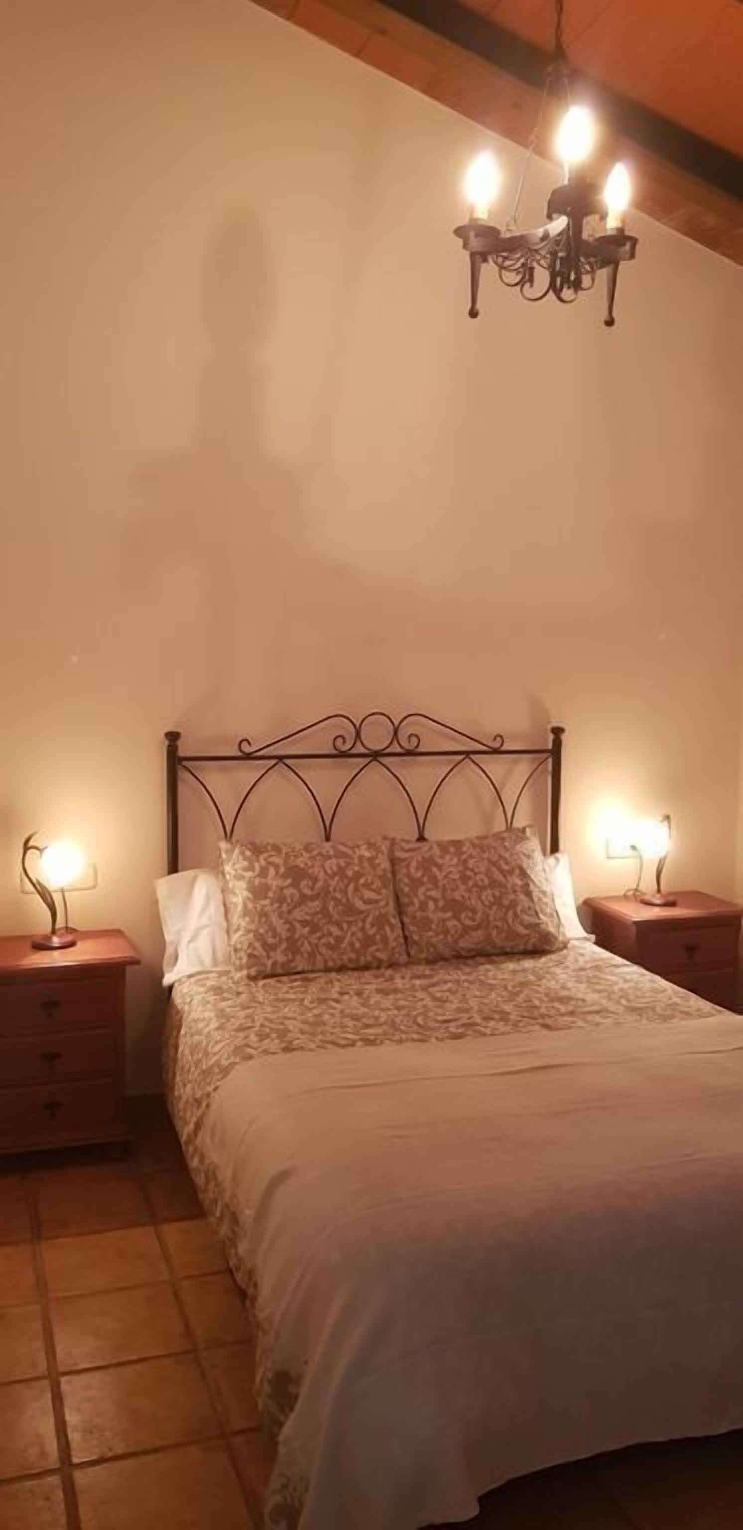 Une chambre à coucher avec un lit, deux tables de chevet, un lustre et une petite table de nuit avec une lampe.