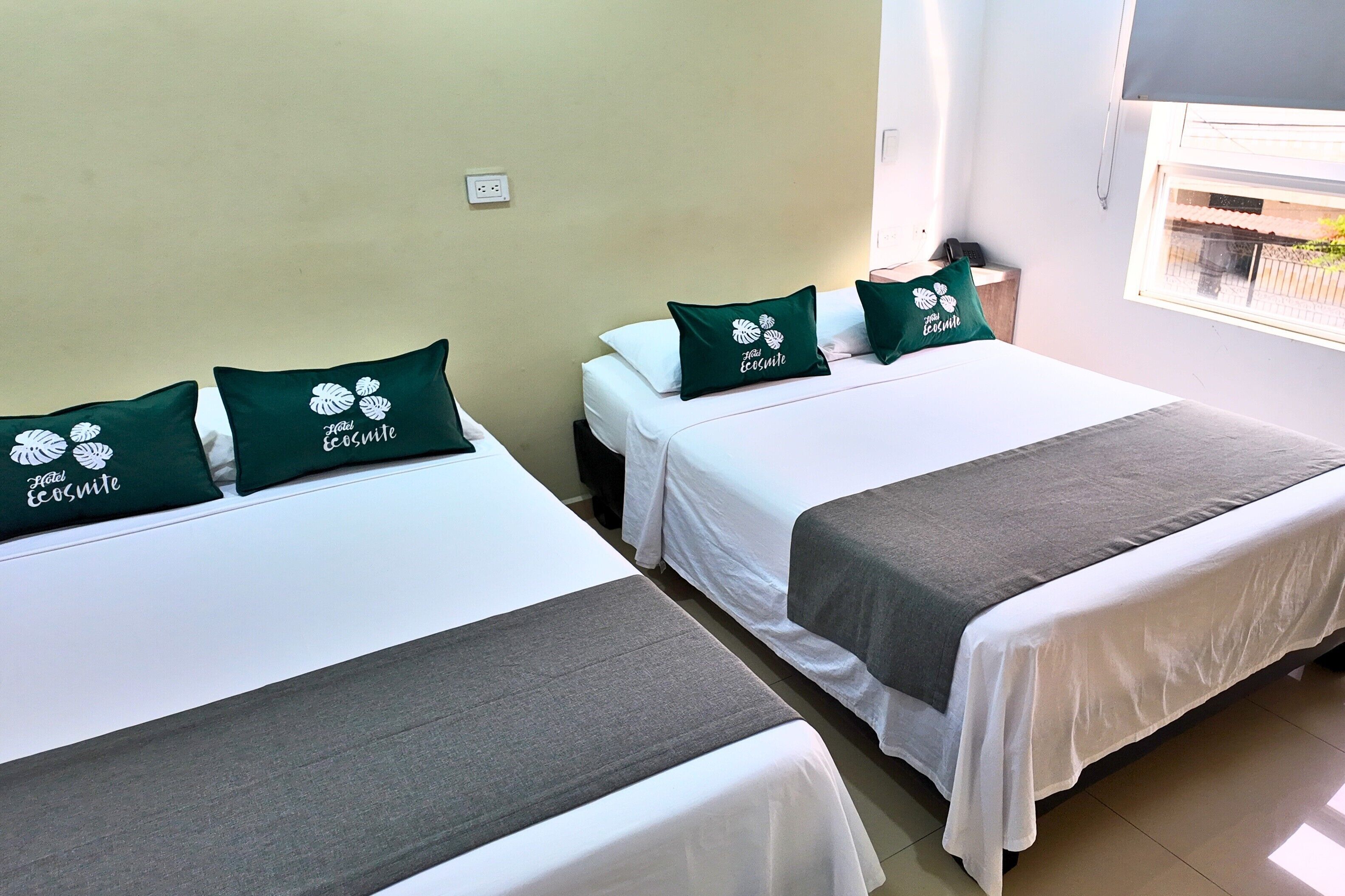 Two twin beds with white bedding and green pillows, a grey blanket, and a window with a view.