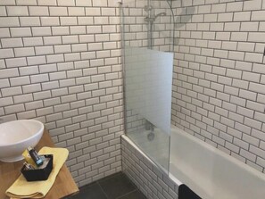 Bathtub, hair dryer, soap, shampoo