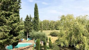 Un espace piscine doté d’une terrasse en briques, entouré d’arbres et d’arbustes.