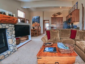 Televisión, chimenea y libros 