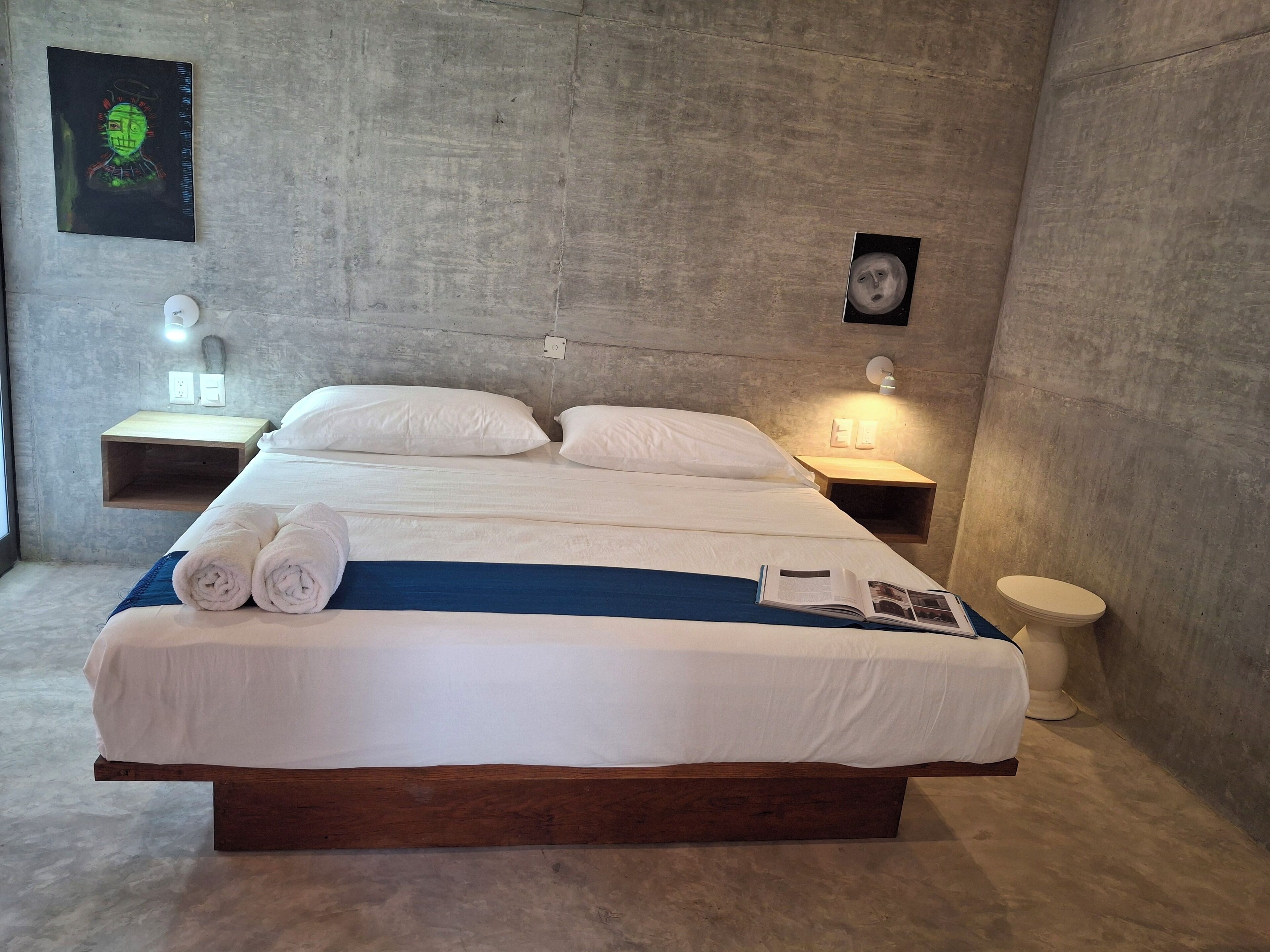 A modern bedroom with a large bed, bedside tables, a wall-mounted light, and a framed picture.