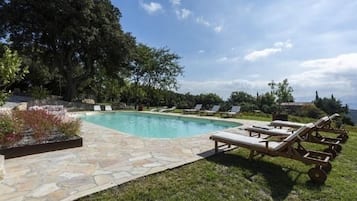 Seasonal outdoor pool, open 10:00 AM to 8:00 PM, pool loungers