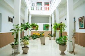 Un hall d’entrée spacieux agrémenté de plantes en pot, un espace salon central et un plafond haut avec un balcon.