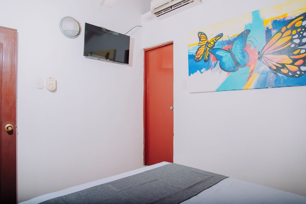Une chambre à coucher avec un lit, un téléviseur fixé au mur, une porte rouge et un tableau coloré représentant un papillon.