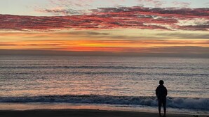 A person standing on a beach facing the ocean during sunset.