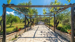 Ein gepflasterter Weg führt zu einem weißen Gebäude mit einer Pergola.