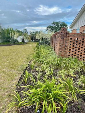 A garden with various plants and a brick structure.