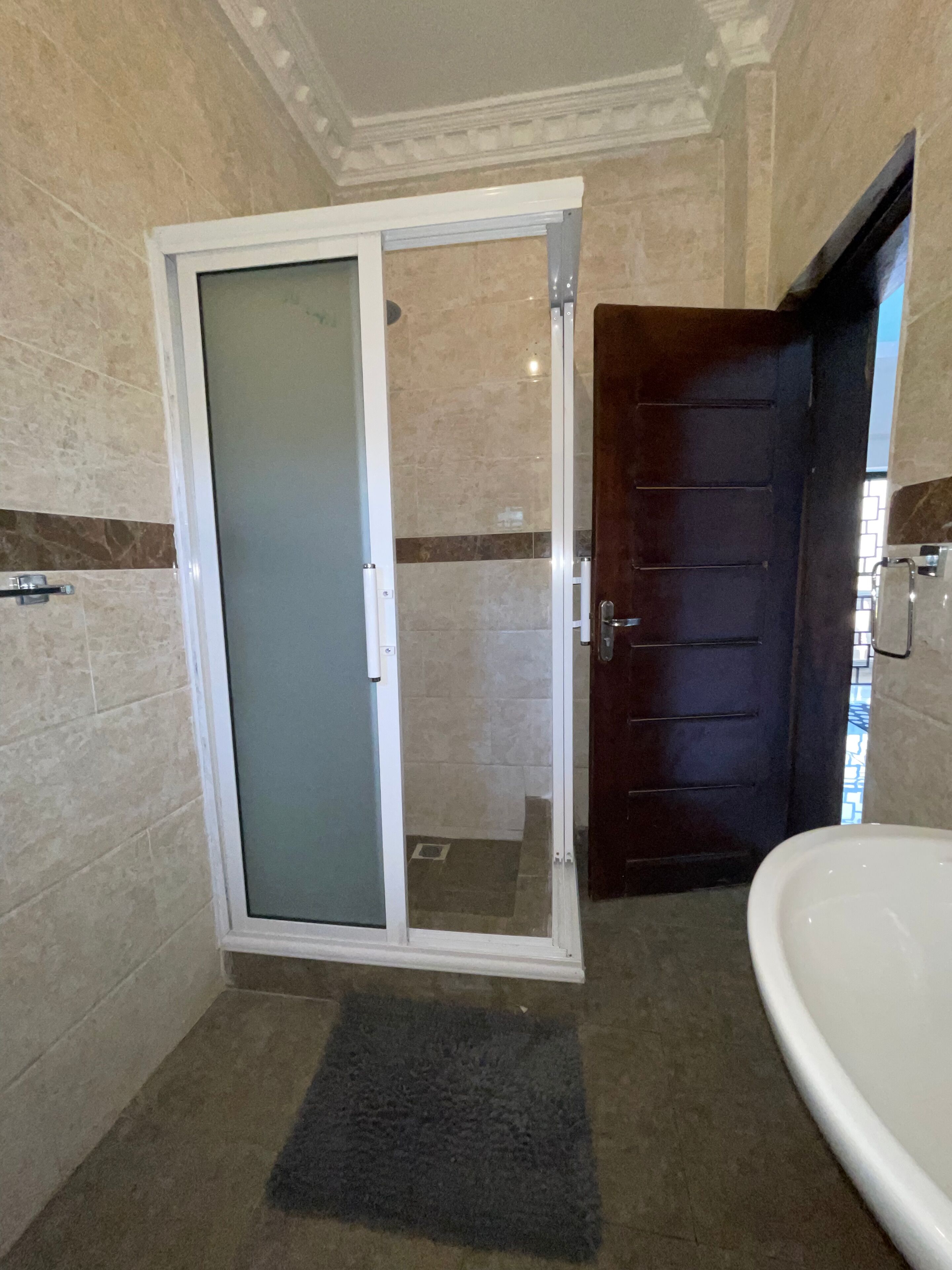 Ein Badezimmer mit Duschabtür aus Glas, einer dunklen Holztür und einer weißen Badewanne.