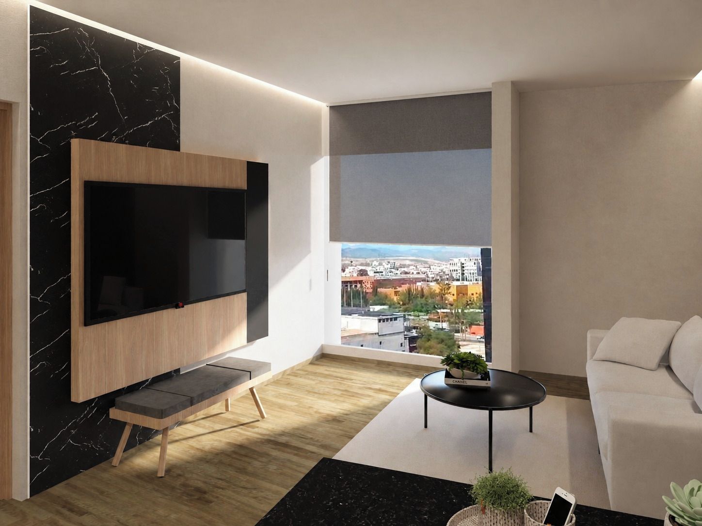 Una sala moderna con una televisión de pantalla plana montada en la pared, un banco de madera, una mesa redonda de centro con una planta y un sofá blanco.