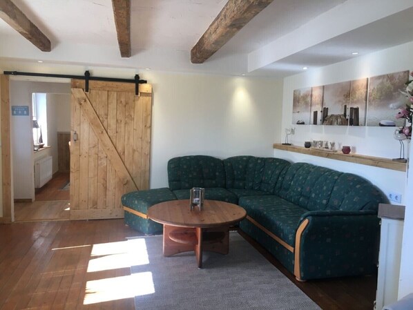 Un salon chaleureux avec un canapé d’angle vert, une table basse en bois et une porte coulissante de style rustique.