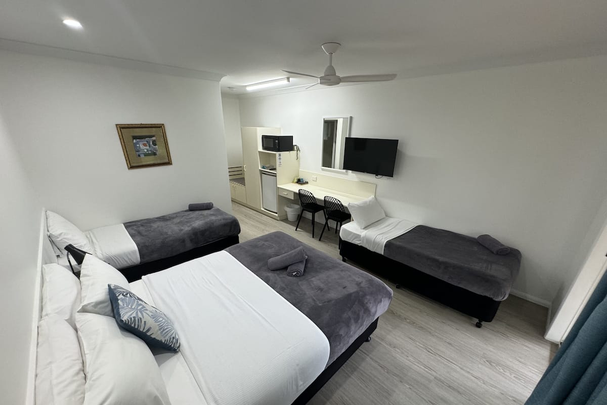 Une chambre d’hôtel avec deux lits simples, un bureau, une chaise, une télévision et un ventilateur de plafond.
