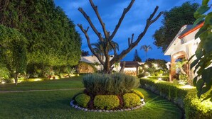 A well-manicured garden with a distinctive tree structure, surrounded by neatly trimmed hedges and a variety of plants. - Residencia Jardin Real (Cuernavaca)