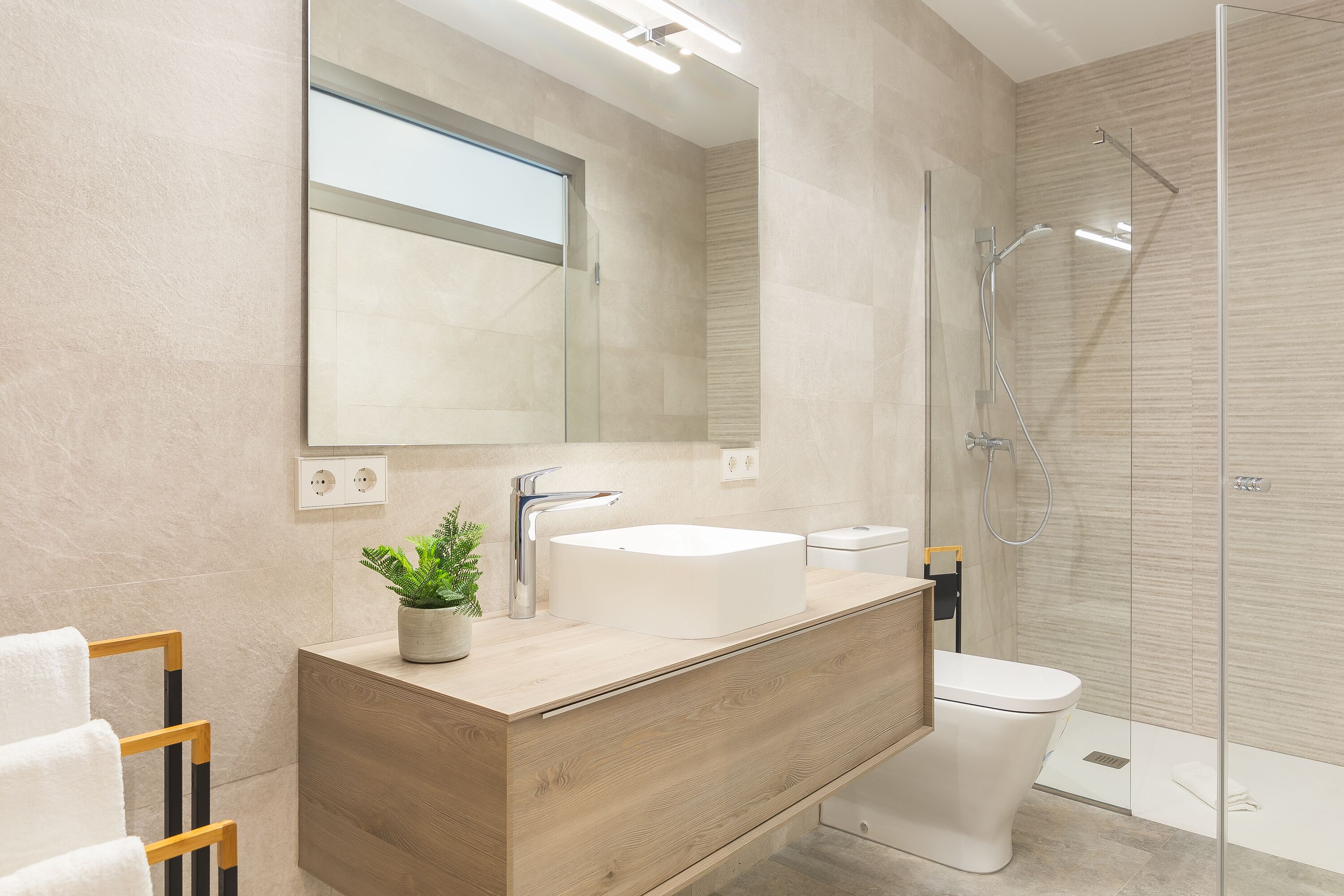 Shower, hair dryer, towels