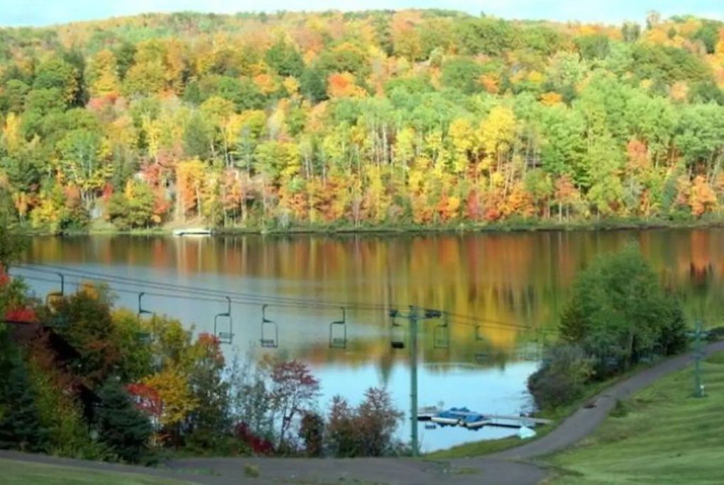 Ein See, umgeben von Herbstlaub, mit einem Weg und einem Steg.