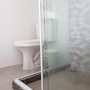 Chuveiro, secador de cabelo, papel higiênico 