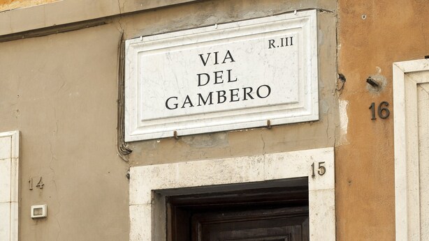 A building entrance with a sign reading "VIA DEL GAMBERO" and numbered doors 14, 15, and 16. - SPOTinROME designer apartment and luxury, rome historic district III column (Roma)