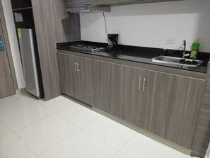 Fridge, microwave, coffee/tea maker, blender