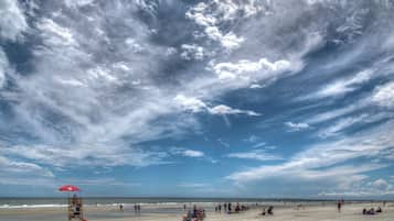 On the beach, sun-loungers, beach towels