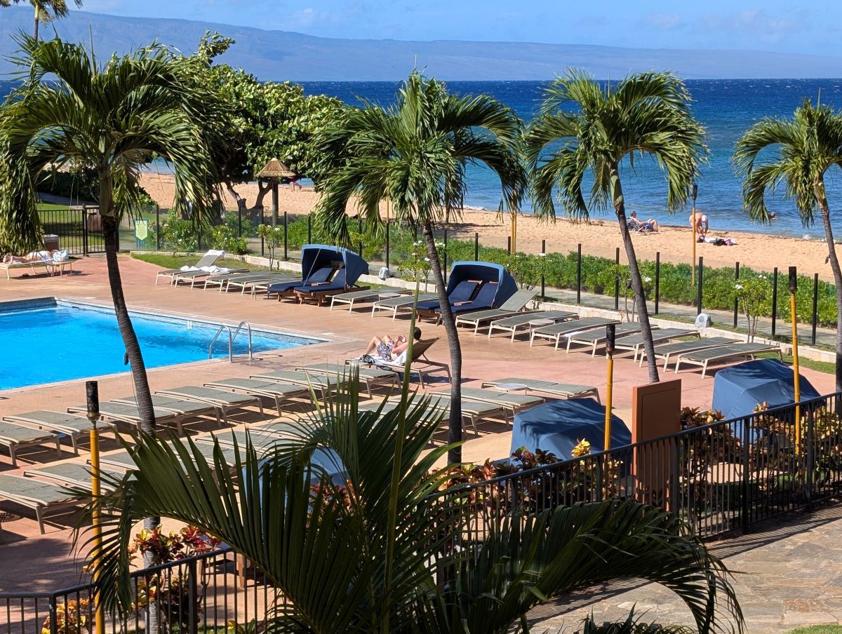 Ein Resort mit Swimmingpool, Liegestühlen, Palmen und Blick auf den Strand.