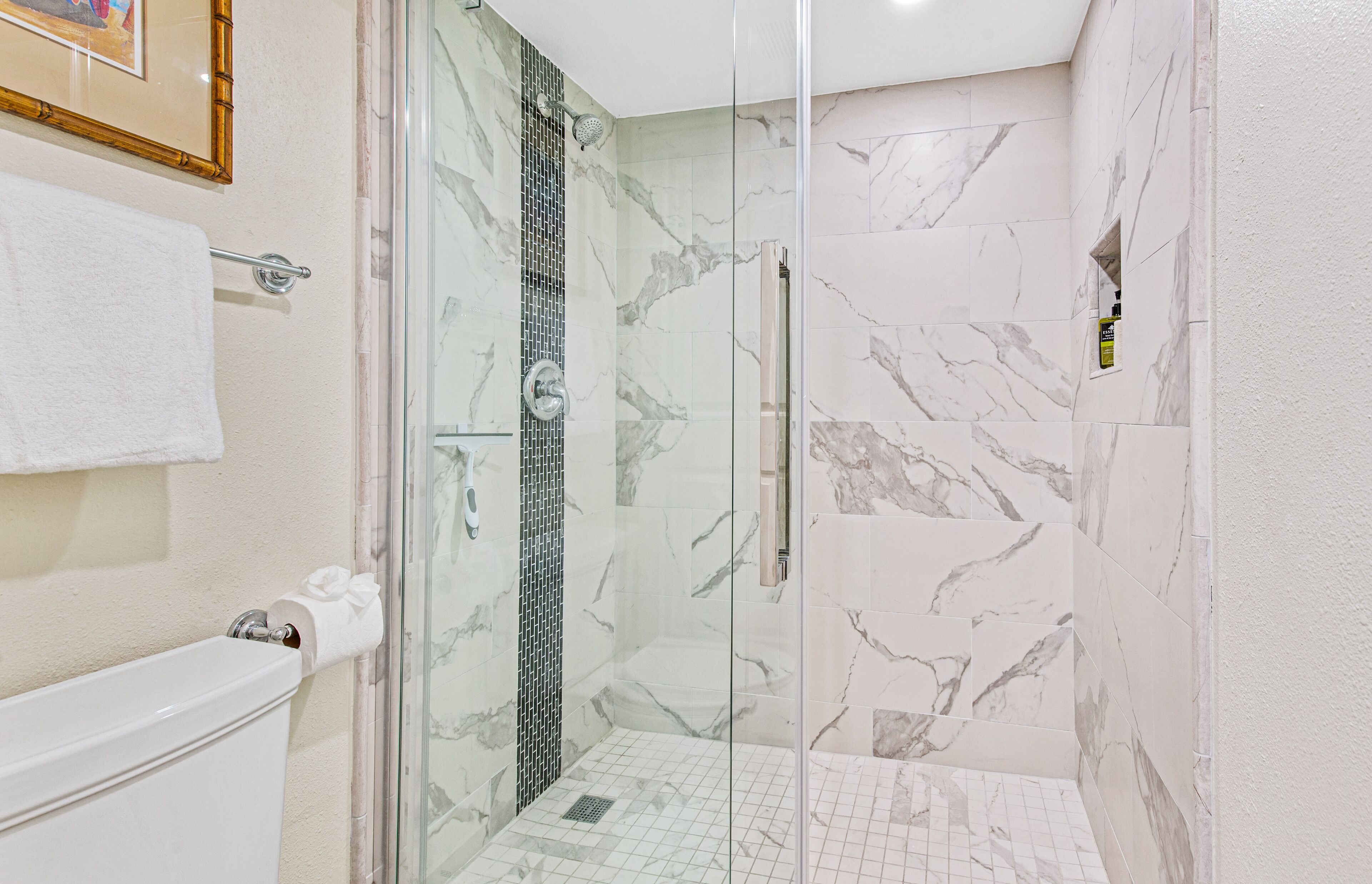 Combined shower/tub, hair dryer, towels, soap