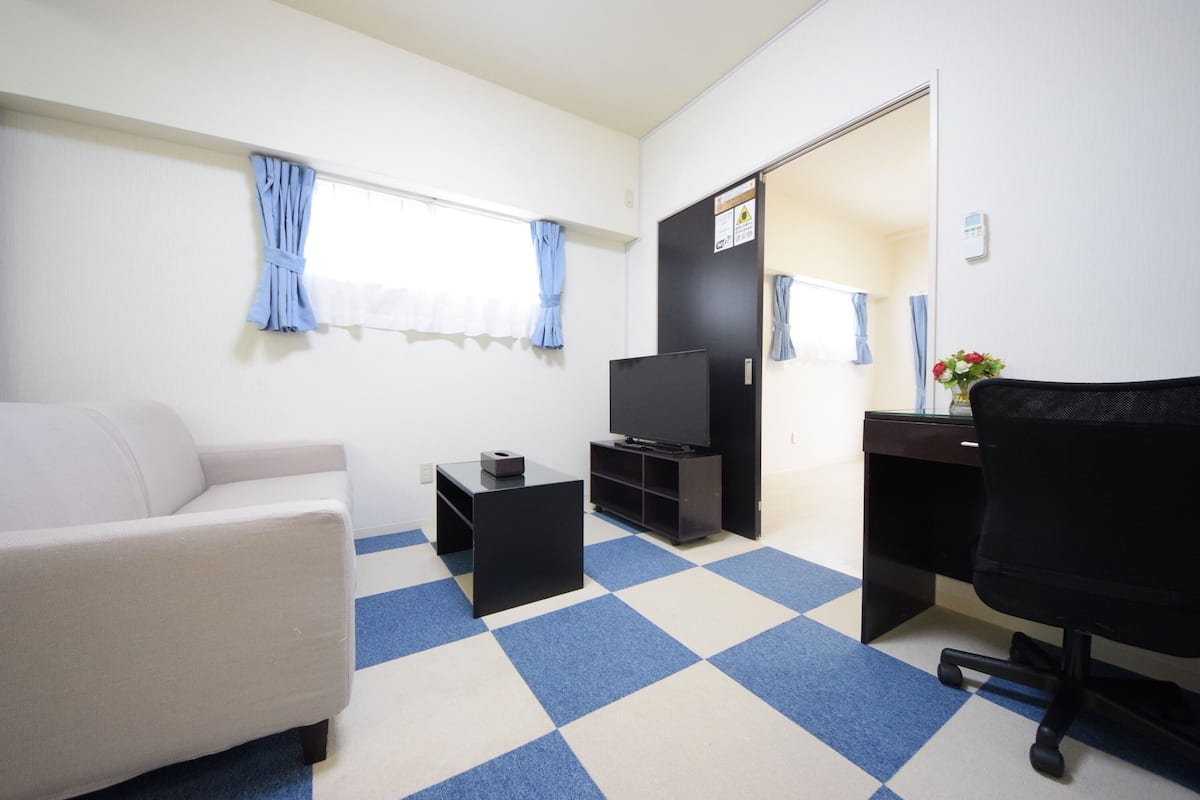 Een kamer met een bank, een televisie op een standaard, een bureau met een stoel en een geruit vloerkleed.
