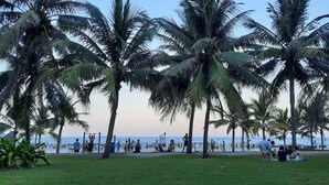 Une plage bordée de palmiers où les gens se détendent.