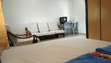 Desk, blackout drapes, soundproofing, iron/ironing board