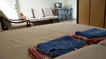 Desk, blackout curtains, soundproofing, iron/ironing board