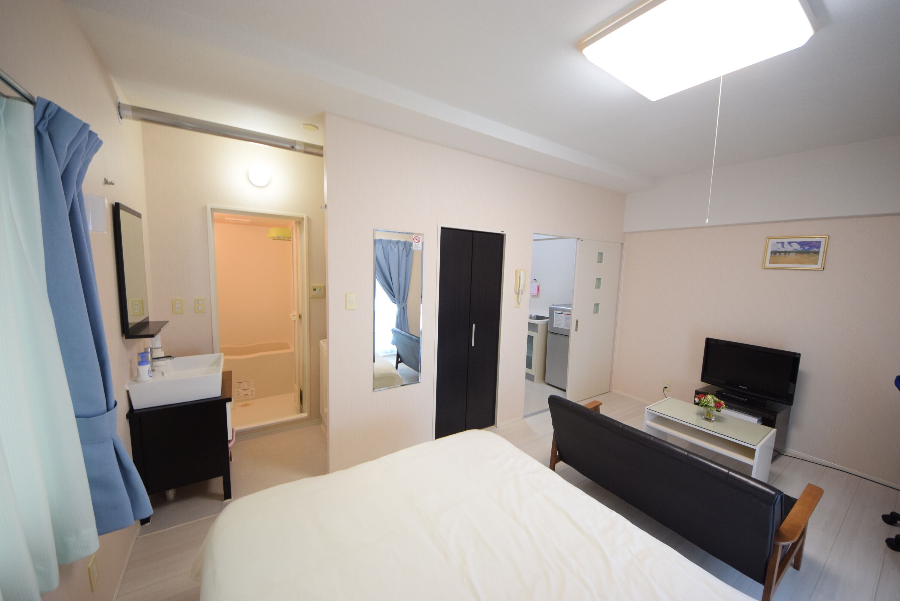 A hotel room with a bed, a desk with a TV, a mirror, a bathroom with a sink, and a shower.