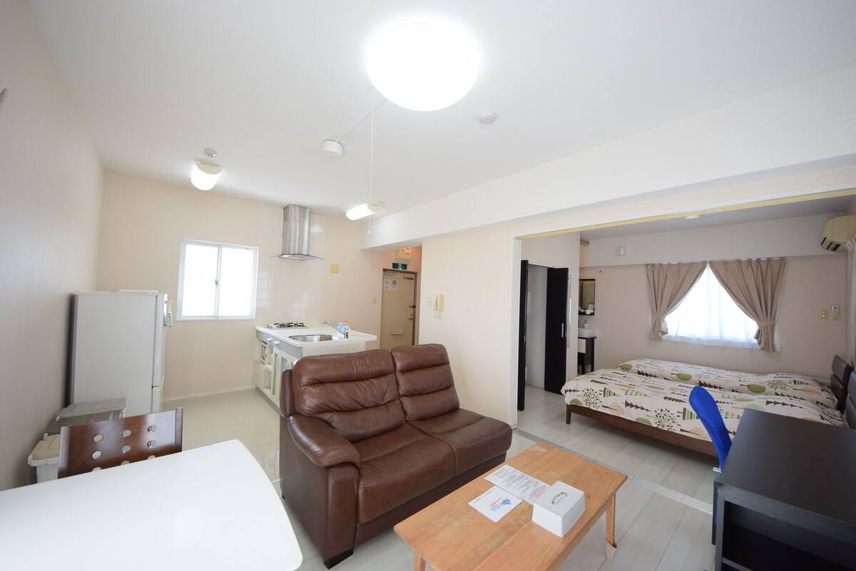 A compact living space with a kitchenette, a sofa, a bed, and a dining area.