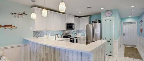 Fridge, microwave, oven, stovetop