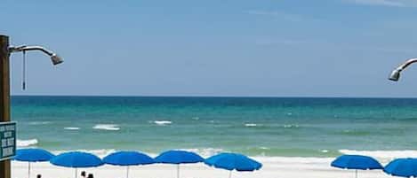 On the beach, sun loungers