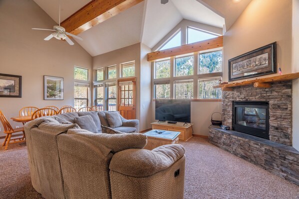 Télévision, cheminée, lecteur de DVD