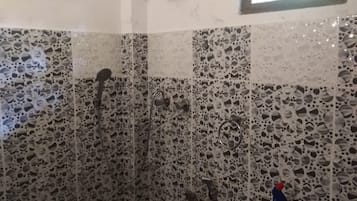 Shower, rainfall showerhead, towels, toilet paper