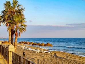 A beach with palm trees, sun loungers, and thatched umbrellas.