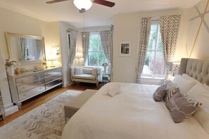 2 bedrooms, desk, laptop workspace, iron/ironing board