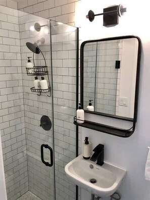 Bathtub, hair dryer, towels, shampoo - Curious Carriage Rooftop in Shaw (Washington)