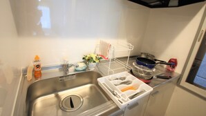 A kitchen with a stainless steel sink, a dish rack, a small plant, and a window. - Susukino Own It (Sapporo)
